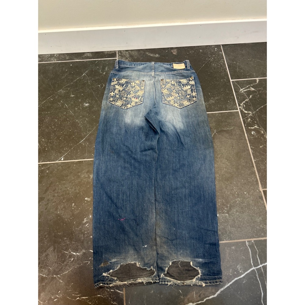 KOC Kings of Creativity Baggy Distressed Jeans Mens 32x33 Y2K Embroidered Blue